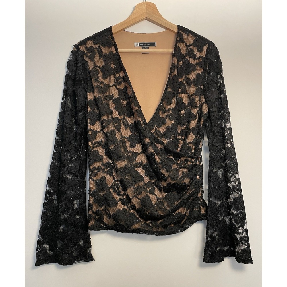 JS BOUTIQUE Lace Overlay Blouse M Sequins Faux-Wrap Mesh Top Evening Romantic - Picture 3 of 14